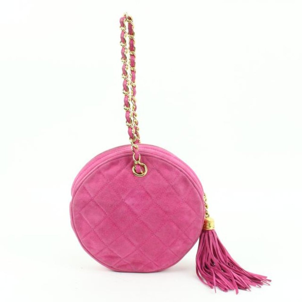Chanel Hot Pink Quilted Suede Fringe Tassel Round Clutch on Chain88cz425s